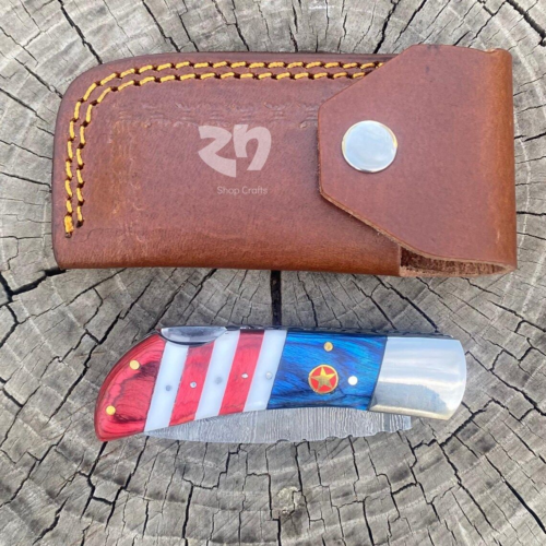 American Flag Damascus Steel Folding Pocket Knife