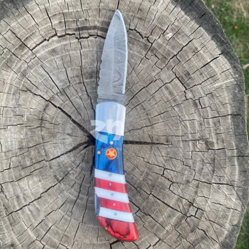 American Flag Damascus Steel Folding Pocket Knife