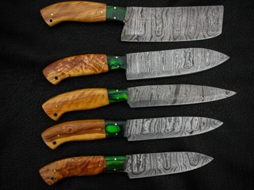 Custom Handmade Damascus Steel Kitchen Chef Outdoor BBQ Knives Set with Bag